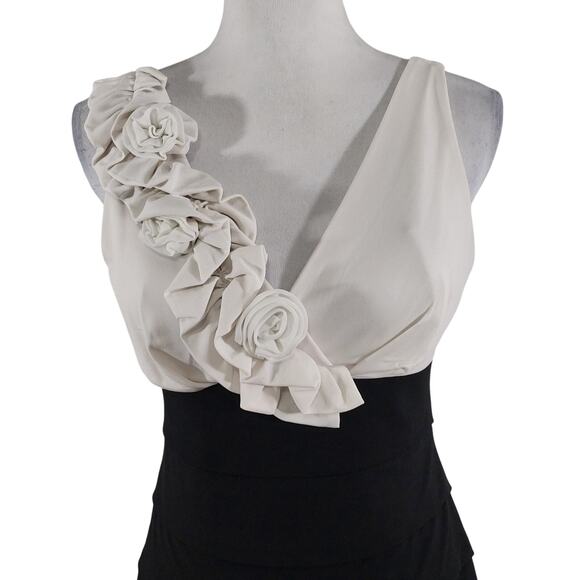 EN FOCUS STUDIO! CREAM OVER BLACK ALL STRETCH ROSE EMBELLISHED DRESS! SZ 4 - Picture 3 of 11